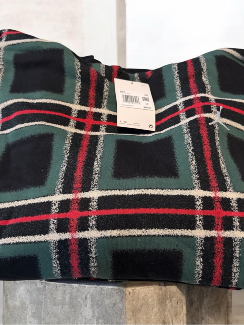 Jordan Men's Green and Black Plaid Crewneck Hoodie with Red Accents - Picture 3 of 4